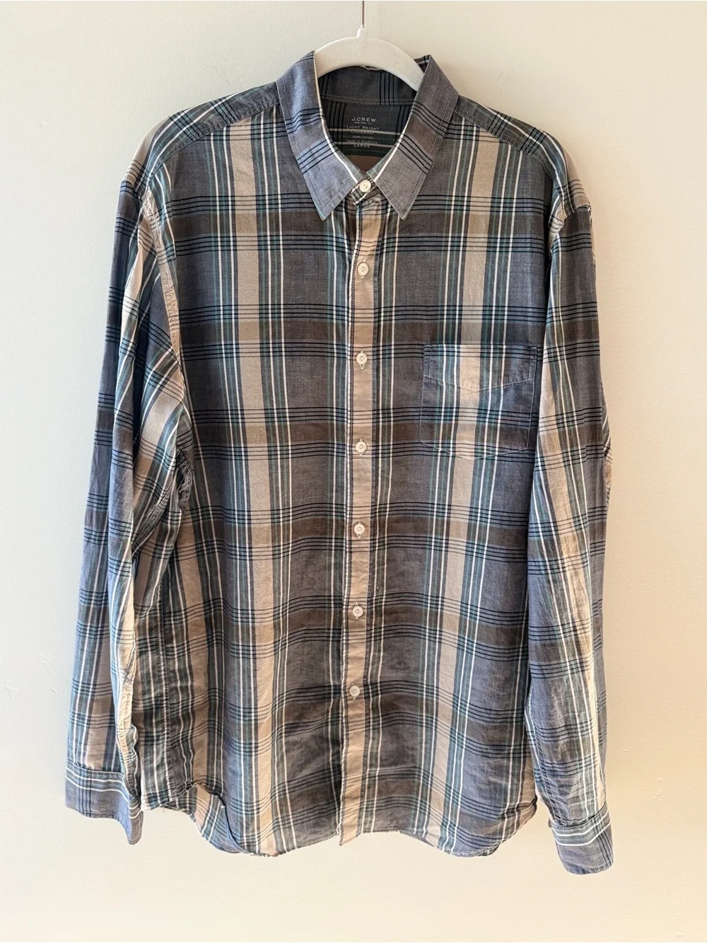 J.Crew Men’s Lightweight Chambray Plaid Button Down Shirt Blue Gray Tan Large